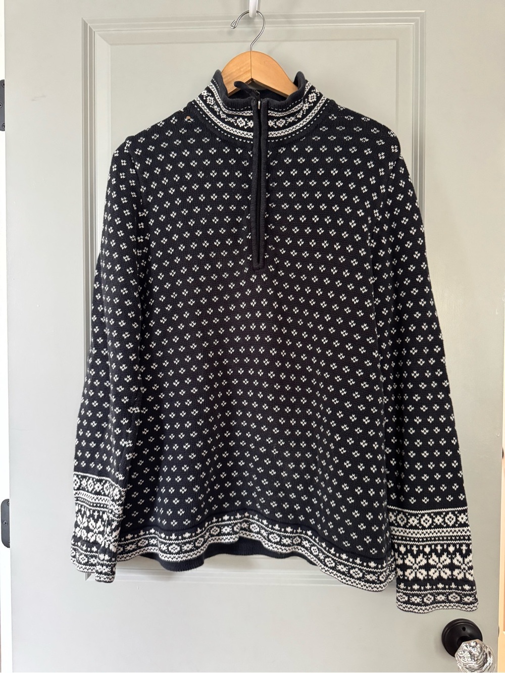L.L. Bean Black and White Nordic Fair Isle Quarter Zip Sweater
